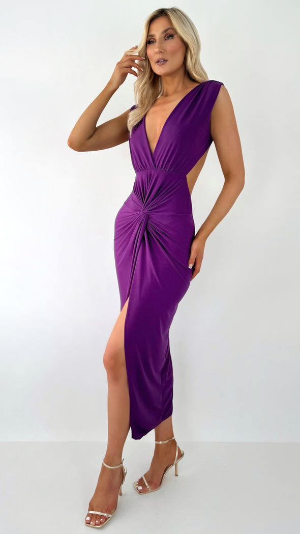 Melissa Bodycon Midi Dress with Front Knot and Open Back - Purple