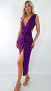 Melissa Bodycon Midi Dress with Front Knot and Open Back - Purple