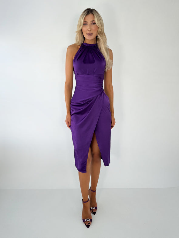 Alessia Satin Halter Neck Midi Dress - Purple