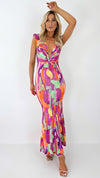 Ashley Printed Maxi Dress with Front Knot and Open Back - Purple