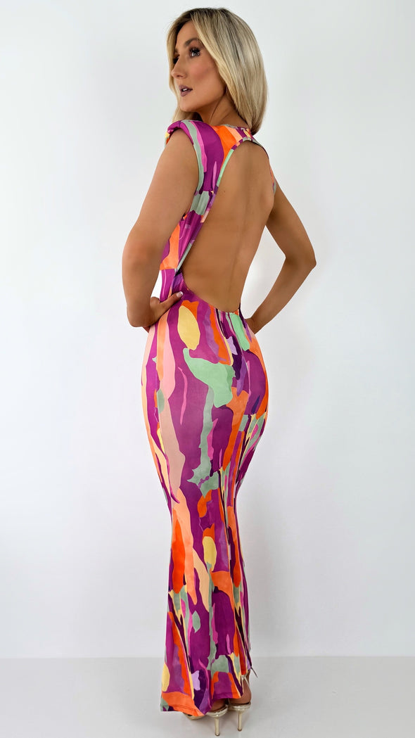 Ashley Printed Maxi Dress with Front Knot and Open Back - Purple
