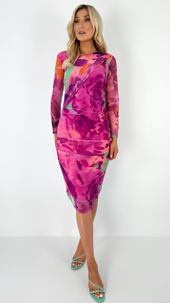 Anne Ruched Printed Long Sleeves Bodycon Dress - Pink