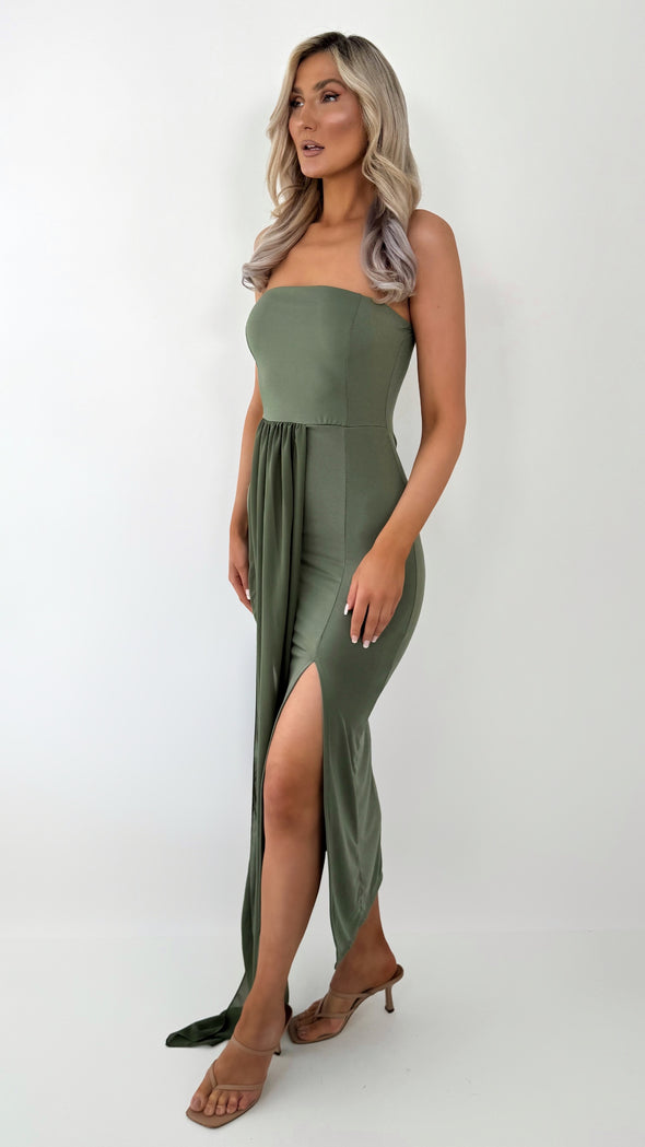 Josie Off The Shoulder Draped Dress - Khaki