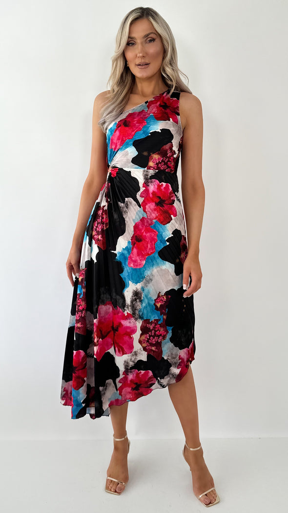 Vivian One Shoulder Drape Dress - Floral Black