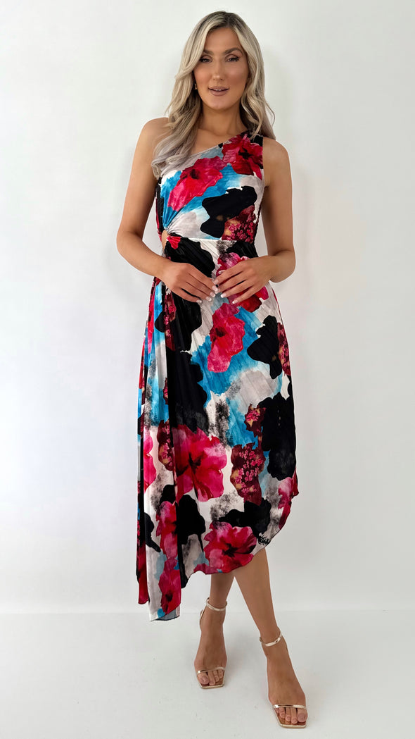 Vivian One Shoulder Drape Dress - Floral Black