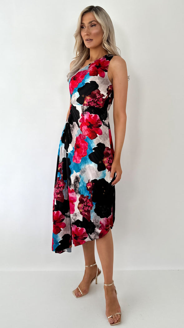 Vivian One Shoulder Drape Dress - Floral Black