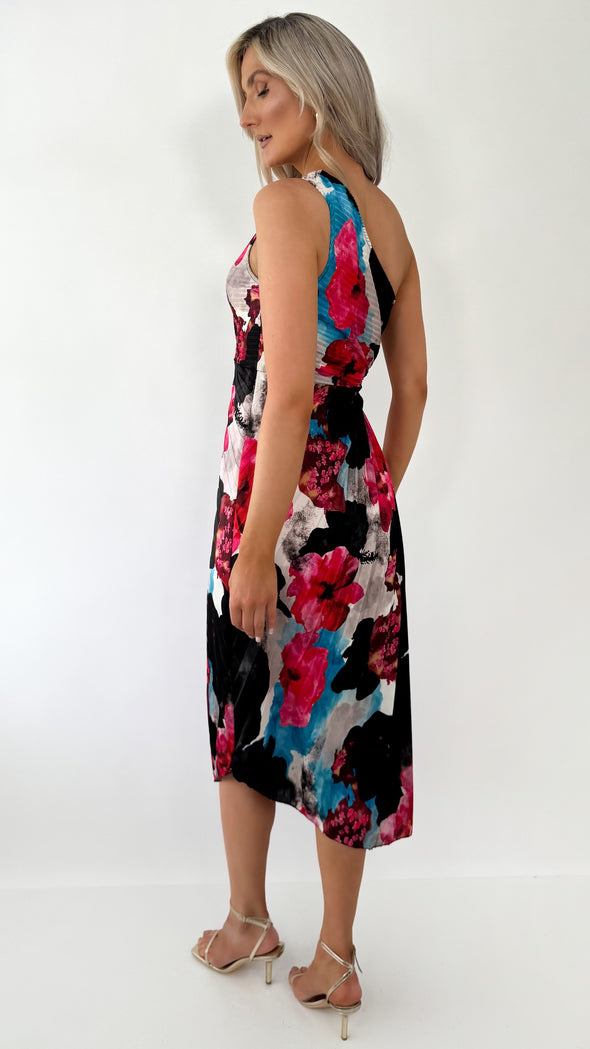 Vivian One Shoulder Drape Dress - Floral Black