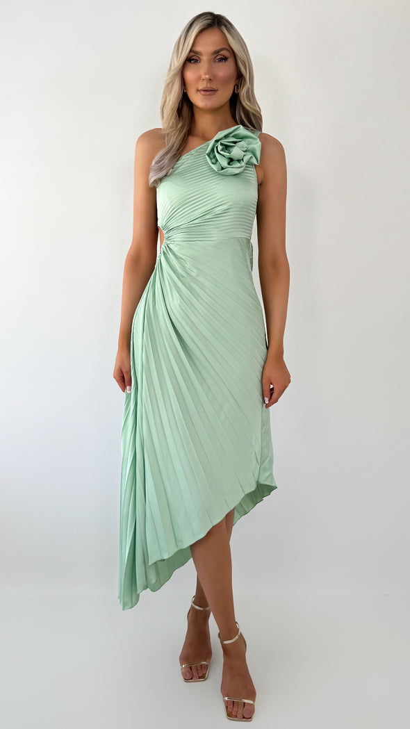 Zoe One Shoulder Pleated Midi Dress - Light Green