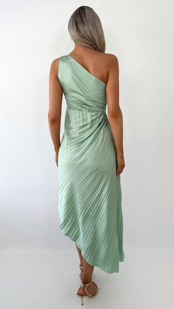 Zoe One Shoulder Pleated Midi Dress - Light Green