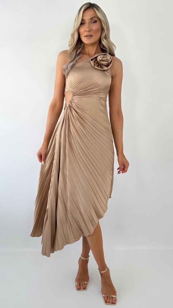 Zoe One Shoulder Pleated Midi Dress - Gold