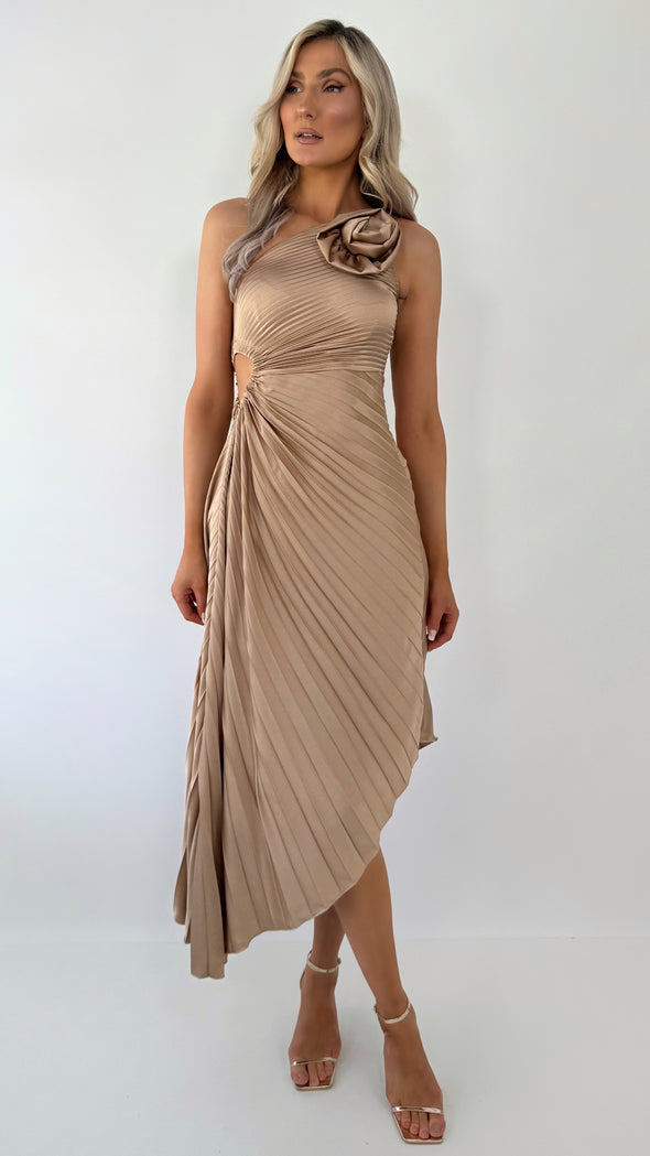 Zoe One Shoulder Pleated Midi Dress - Gold