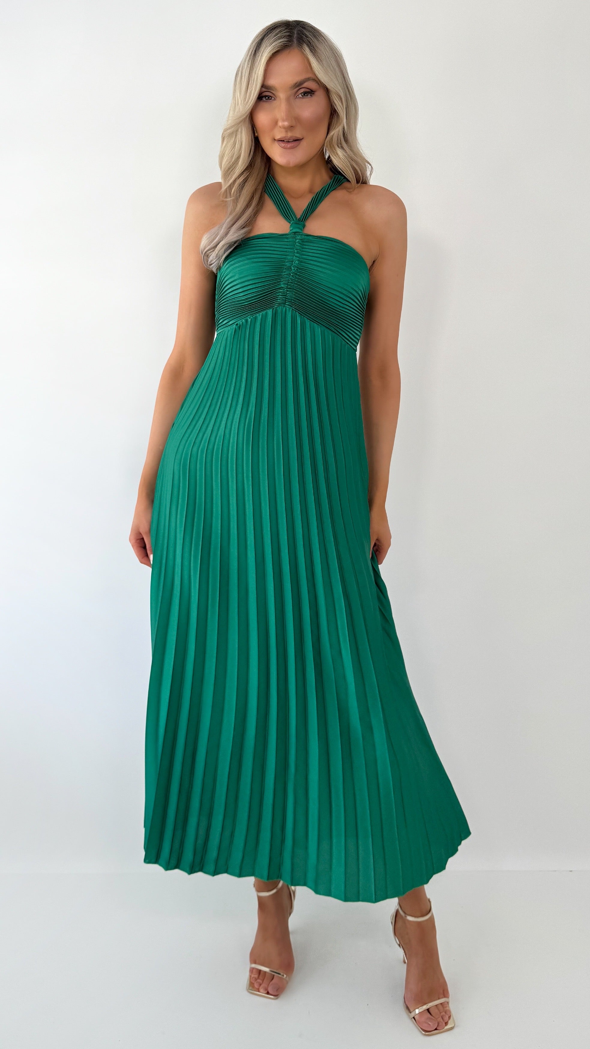 Michelle Halter Neck Pleated Maxi Dress - Green dresses.ie Michelle Halter Neck Pleated Maxi Dress - Green dresses.ie