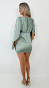 Hazell Satin Mini Dress with Long Bell Sleeves - Sage Green