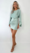 Hazell Satin Mini Dress with Long Bell Sleeves - Sage Green