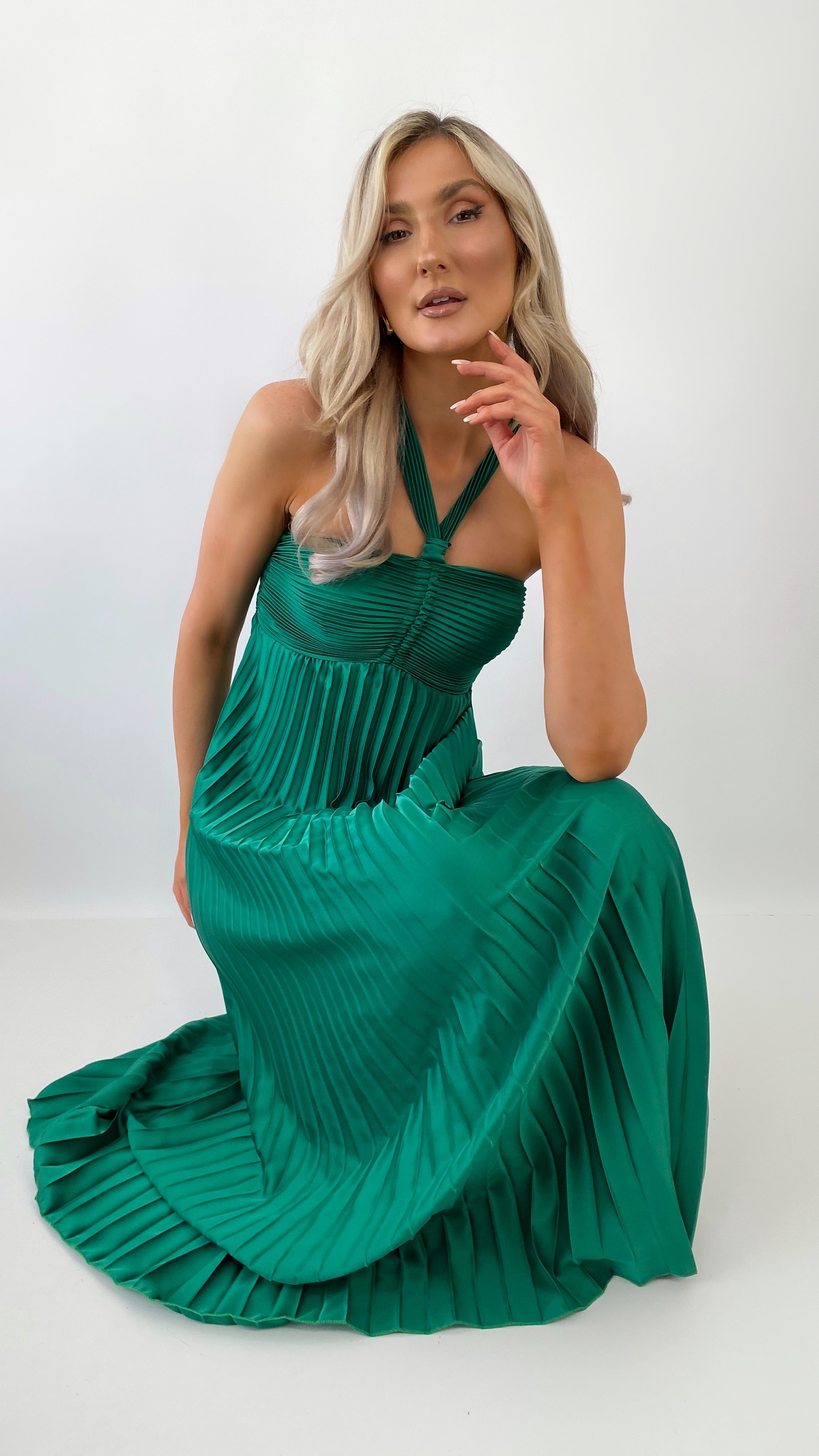 Michelle Halter Neck Pleated Maxi Dress - Green dresses.ie Michelle Halter Neck Pleated Maxi Dress - Green dresses.ie
