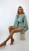 Hazell Satin Mini Dress with Long Bell Sleeves - Sage Green