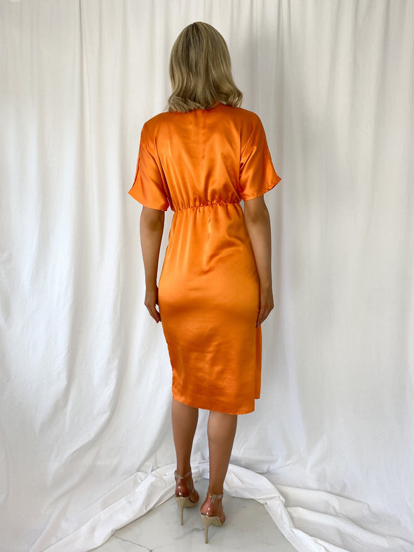 Rebecca Satin Midi Dress with Side Slit - Orange