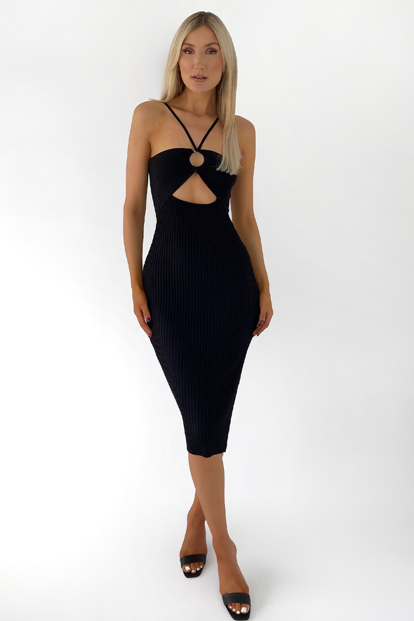 Samantha Ribbed Front Cut Out Midi Dress - Black