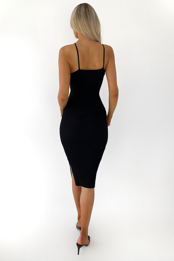 Ribbed Front Cut Out Midi Dress - Black