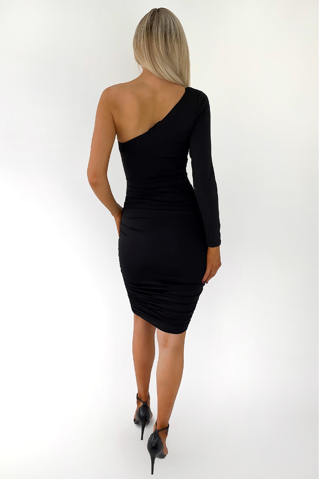 Aria Black One Sleeve Ruched Bodycon Midi Dress dresses.ie