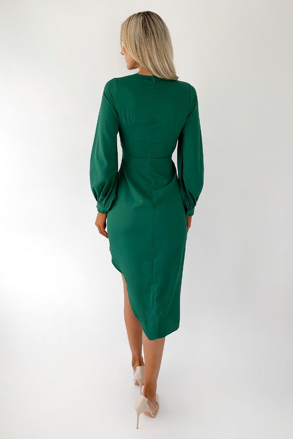 Elsa Forest Green Long Sleeve Wrap Asymmetric Dress