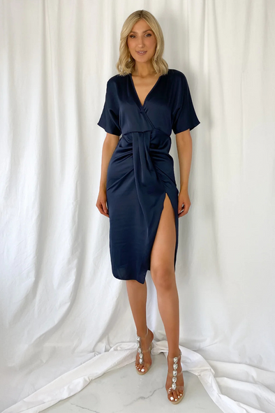 Rebecca Satin Midi Dress with Side Slit - Navy