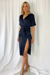 Rebecca Satin Midi Dress with Side Slit - Navy