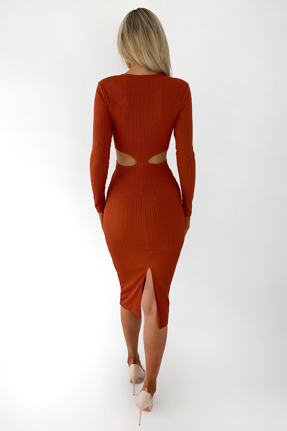 Key Hole Cut Out Midi Dress - Orange