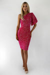 Willow Bright Pink Velvet Sequin One Shoulder Midi Dress
