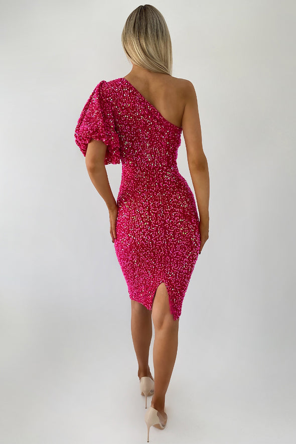 Willow Bright Pink Velvet Sequin One Shoulder Midi Dress