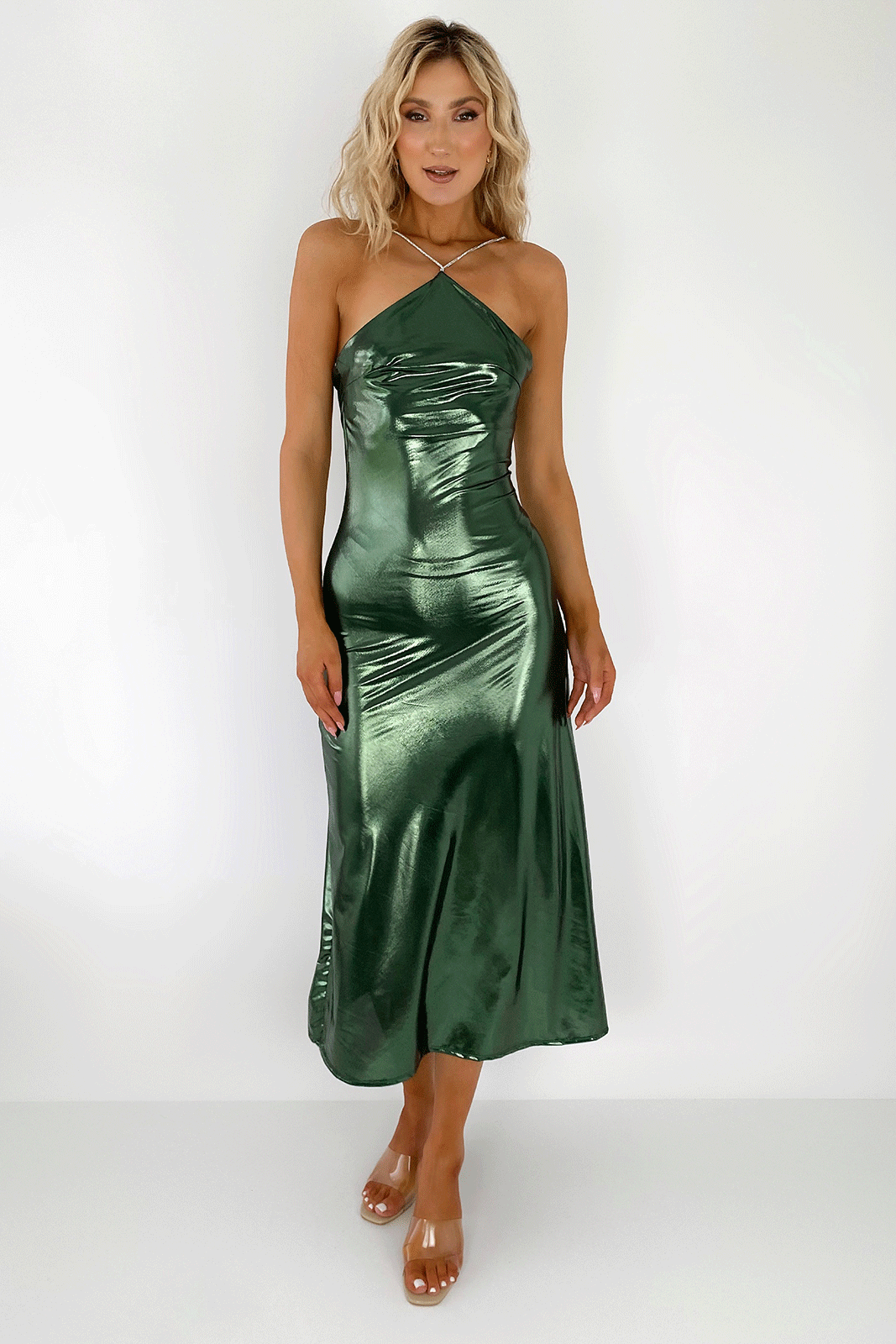 Layla Halter Neck Shinny Midi Dress - Green dresses.ie Layla Halter Neck Shinny Midi Dress - Green dresses.ie