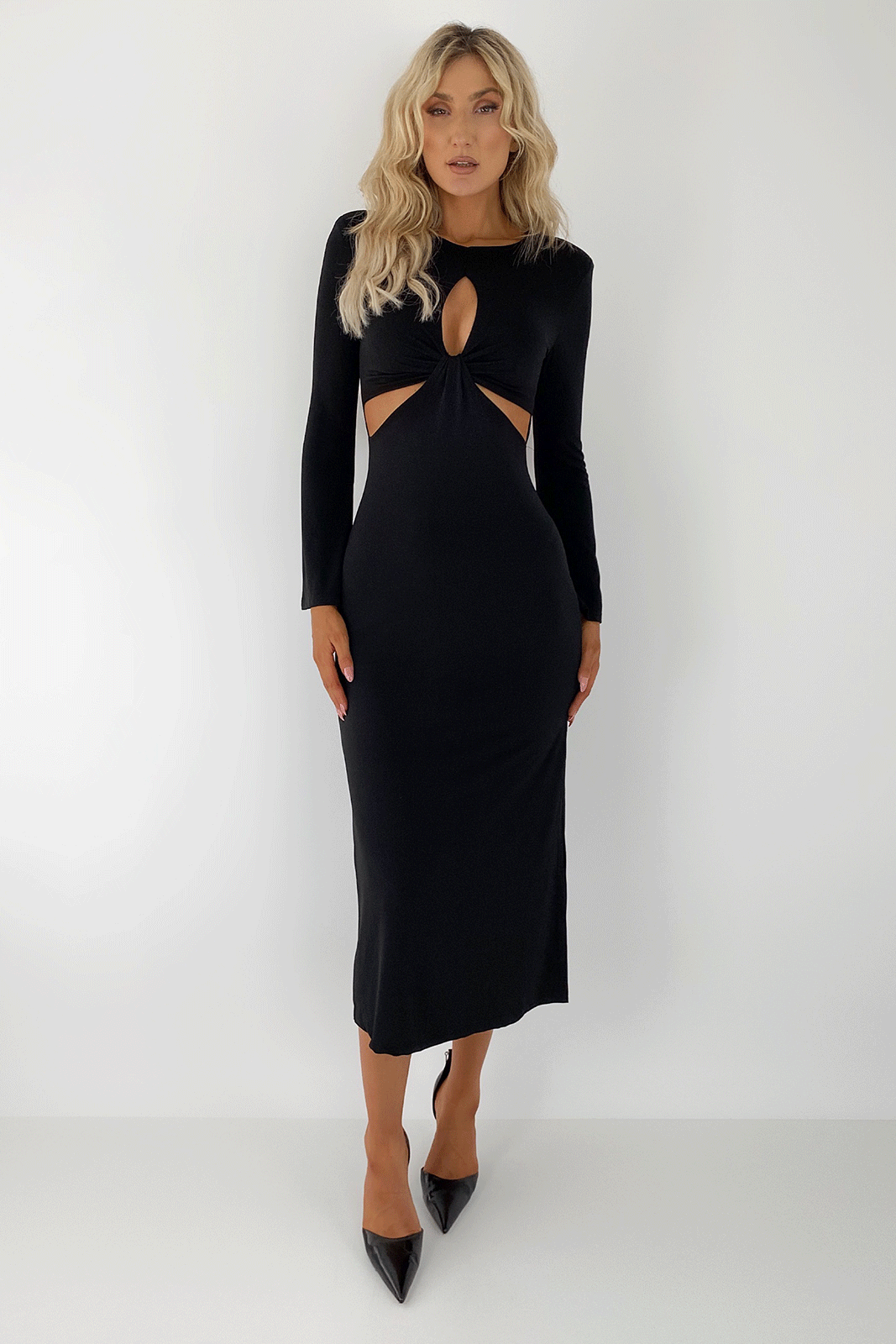 Lillian Long Sleeved Cut Out Midi Dress Black dresses.ie