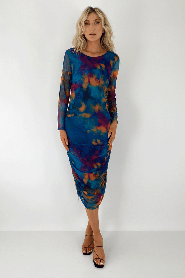 Elena Ruched Printed Long Sleeves Bodycon Dress - - Blue