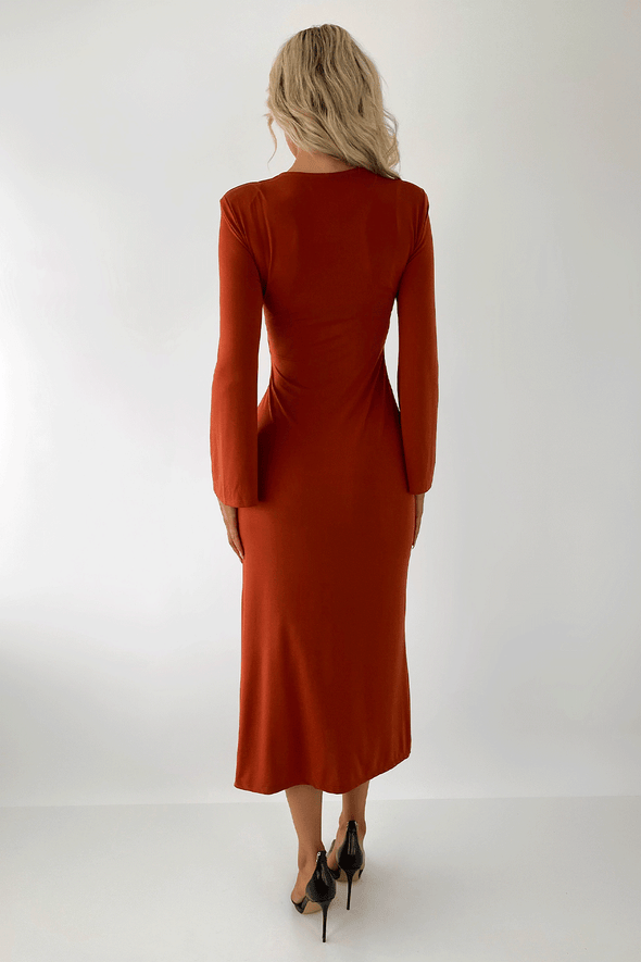 Lillian Long Sleeved Cut Out Midi Dress - Rust