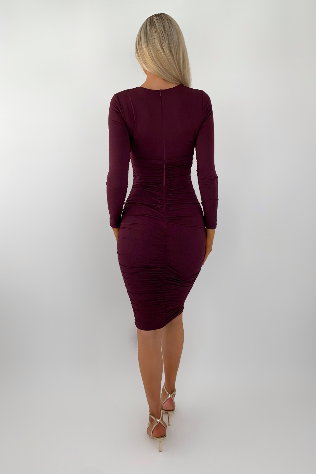 Paisley Plum Long Sleeve Ruched Bodycon Dress dresses.ie