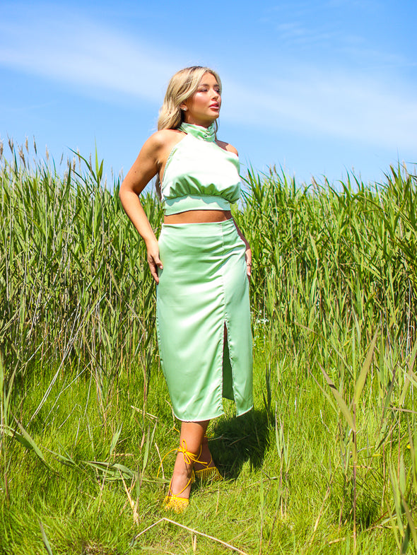 Ellie Sage Green Ruched Midi Skirt