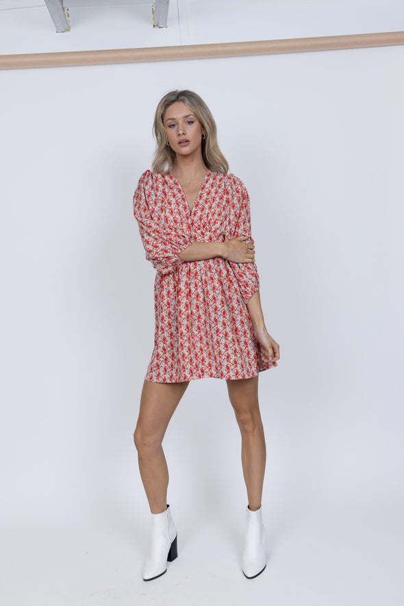 Floral Print V Neck Day Dress - Red