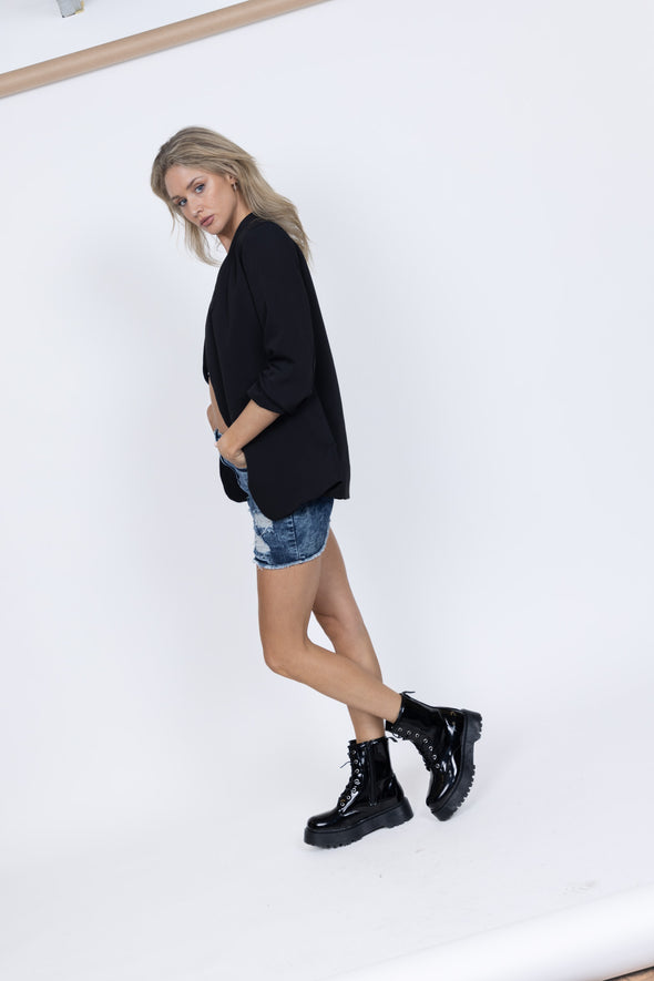 Plain Blazer With Ruched Sleeves - Black