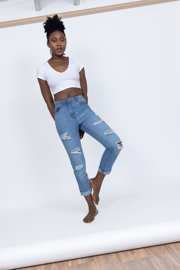 Laura Ripped Turn Up Hem Boyfriend Jeans