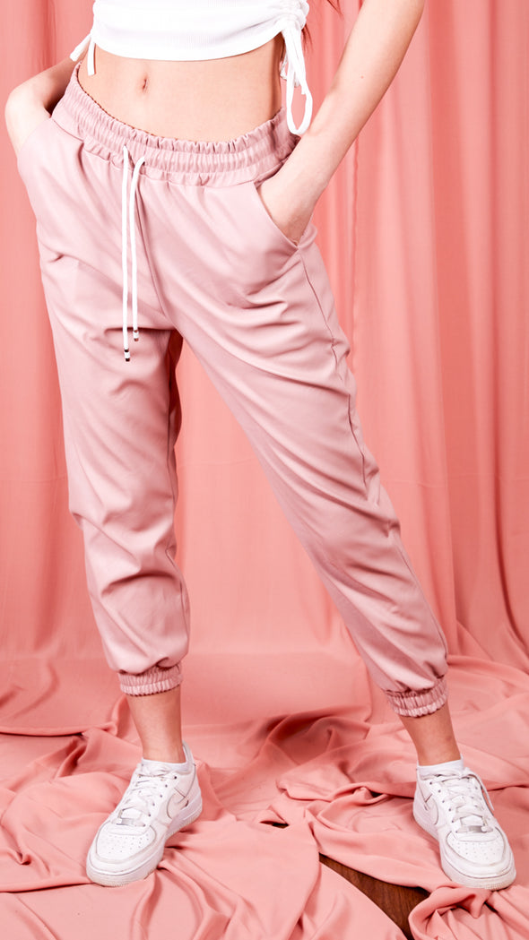 Tatiana PU Elasticated Waistband & Hem Jogging Trousers - Pink